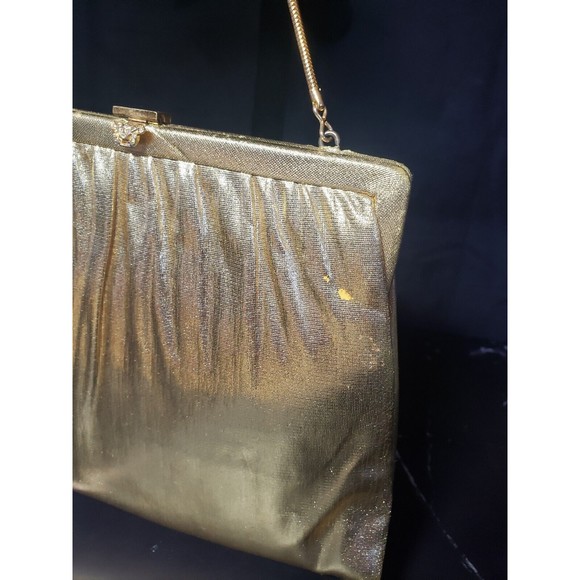 Delicate GOLD Satin Handbag Harry Levine USA Crystal Clasp Clutch w/ Coin Purse - Picture 2 of 10